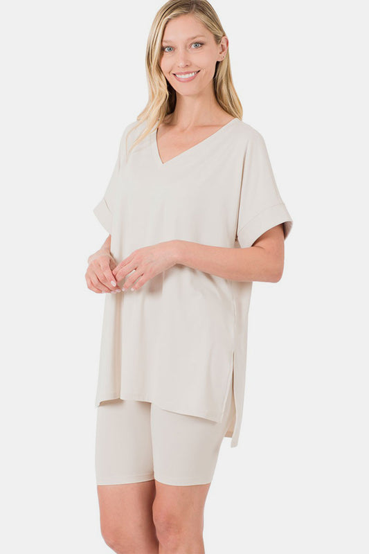 Zenana Women's Full Size V-Neck Short Sleeve Slit T-Shirt and Shorts Set Polyester Spandex Size S-3XL