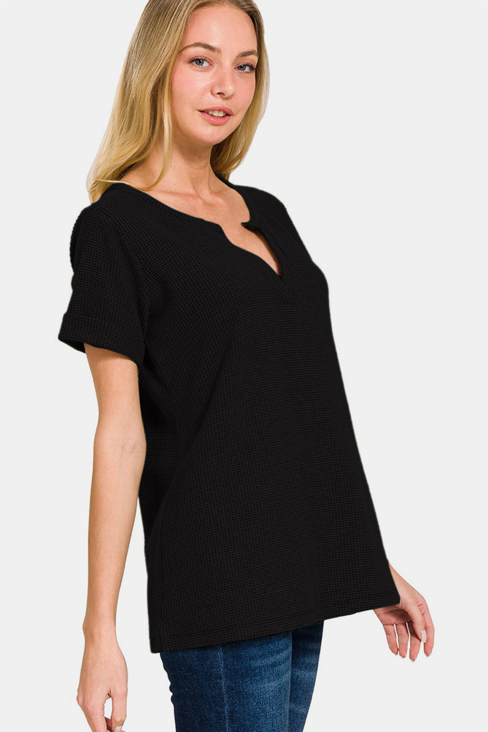 Zenana Women’s Notched Short Sleeve Waffle T-Shirt Polyester Cotton Spandex Size S-L
