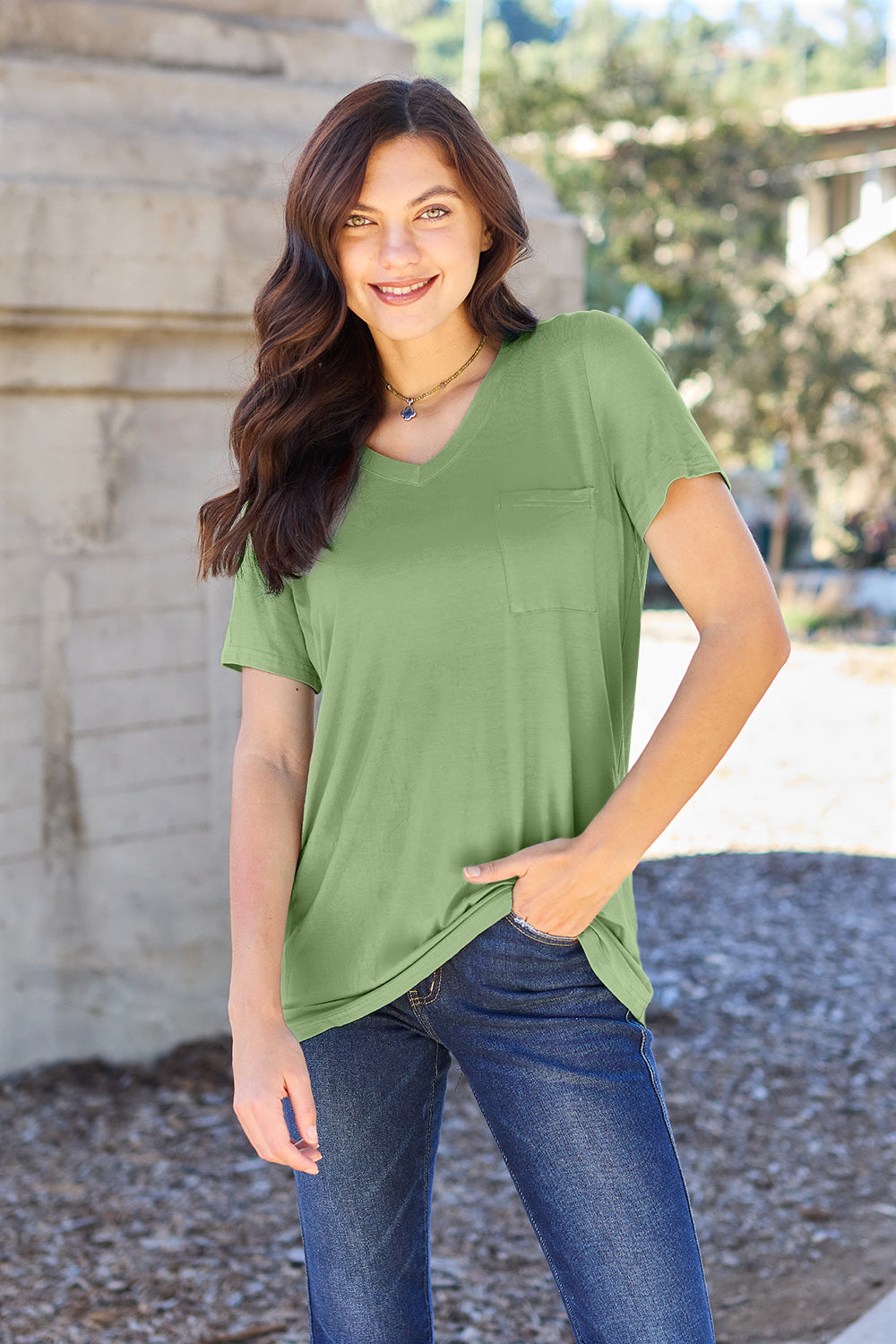 Basic Bae Women’s Bamboo Full Size V-Neck Short Sleeve T-Shirt Bamboo Spandex Size S-3XL