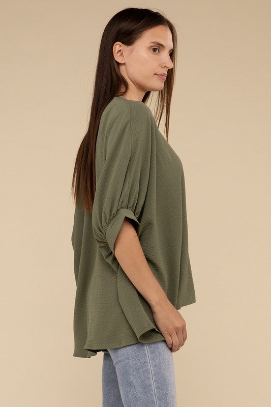Zenana Women's Clothing Woven Airflow V-Neck Puff Half Sleeve Top Polyester S/M L/XL