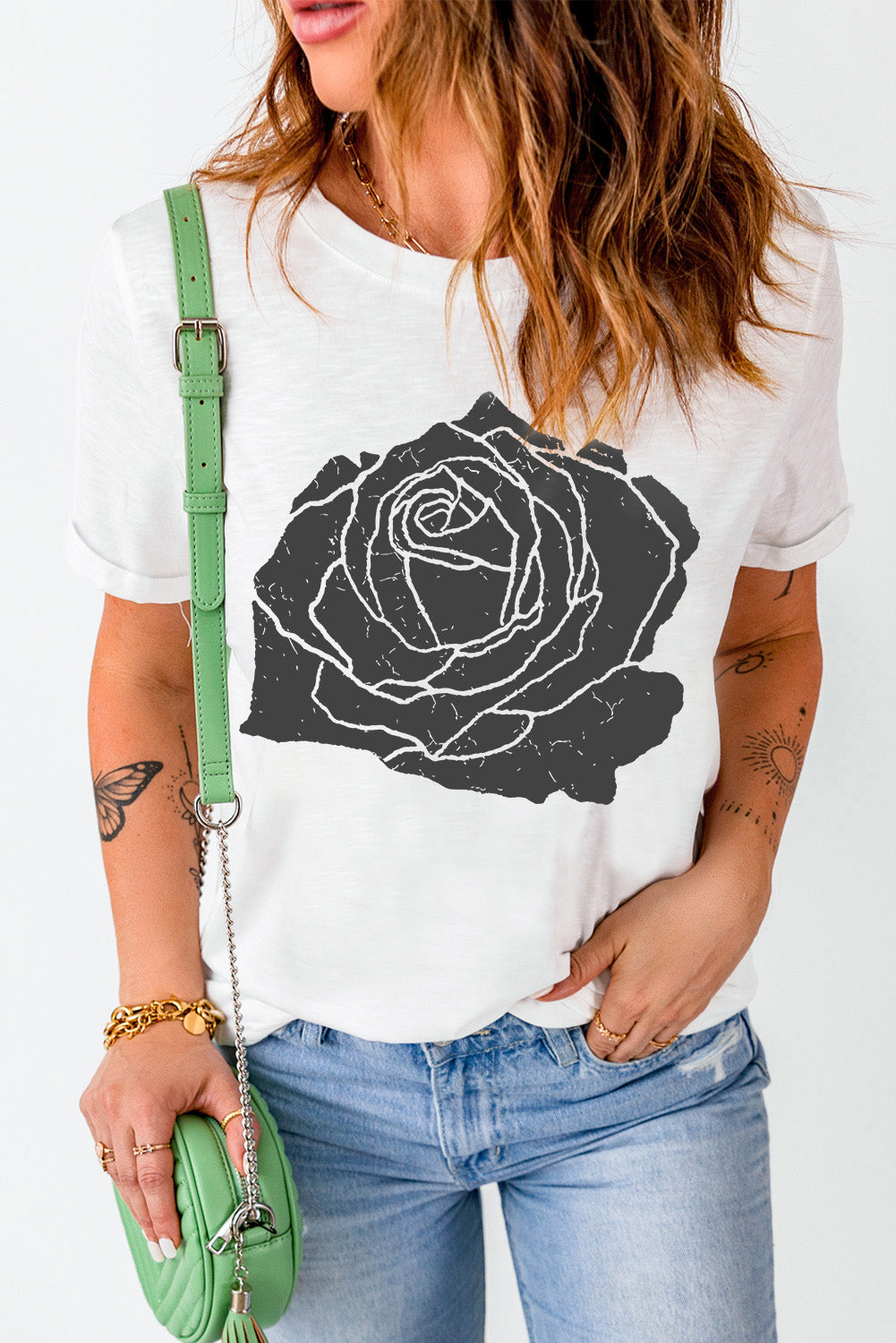 Blueberi B Women’s Rose Graphic Round Neck Short Sleeve T-Shirt Polyester Cotton Elastane Size S-2XL