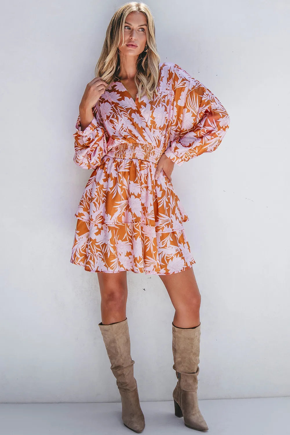 Blueberi B Women’s Smocked Printed Long Sleeve Mini Dress Polyester S-XL