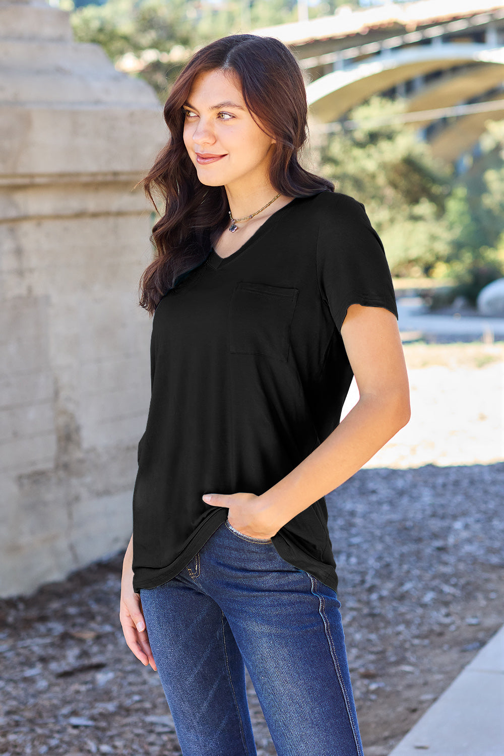 Basic Bae Women’s Bamboo Full Size V-Neck Short Sleeve T-Shirt Bamboo Spandex Size S-3XL
