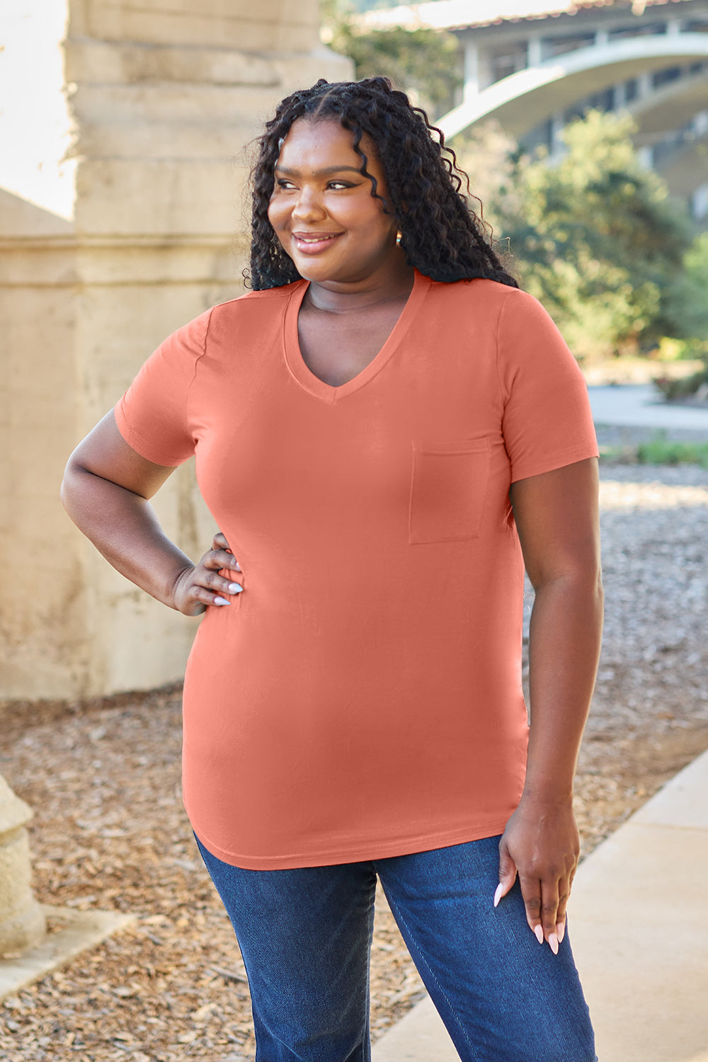 Basic Bae Women’s Bamboo Full Size V-Neck Short Sleeve T-Shirt Bamboo Spandex Size S-3XL
