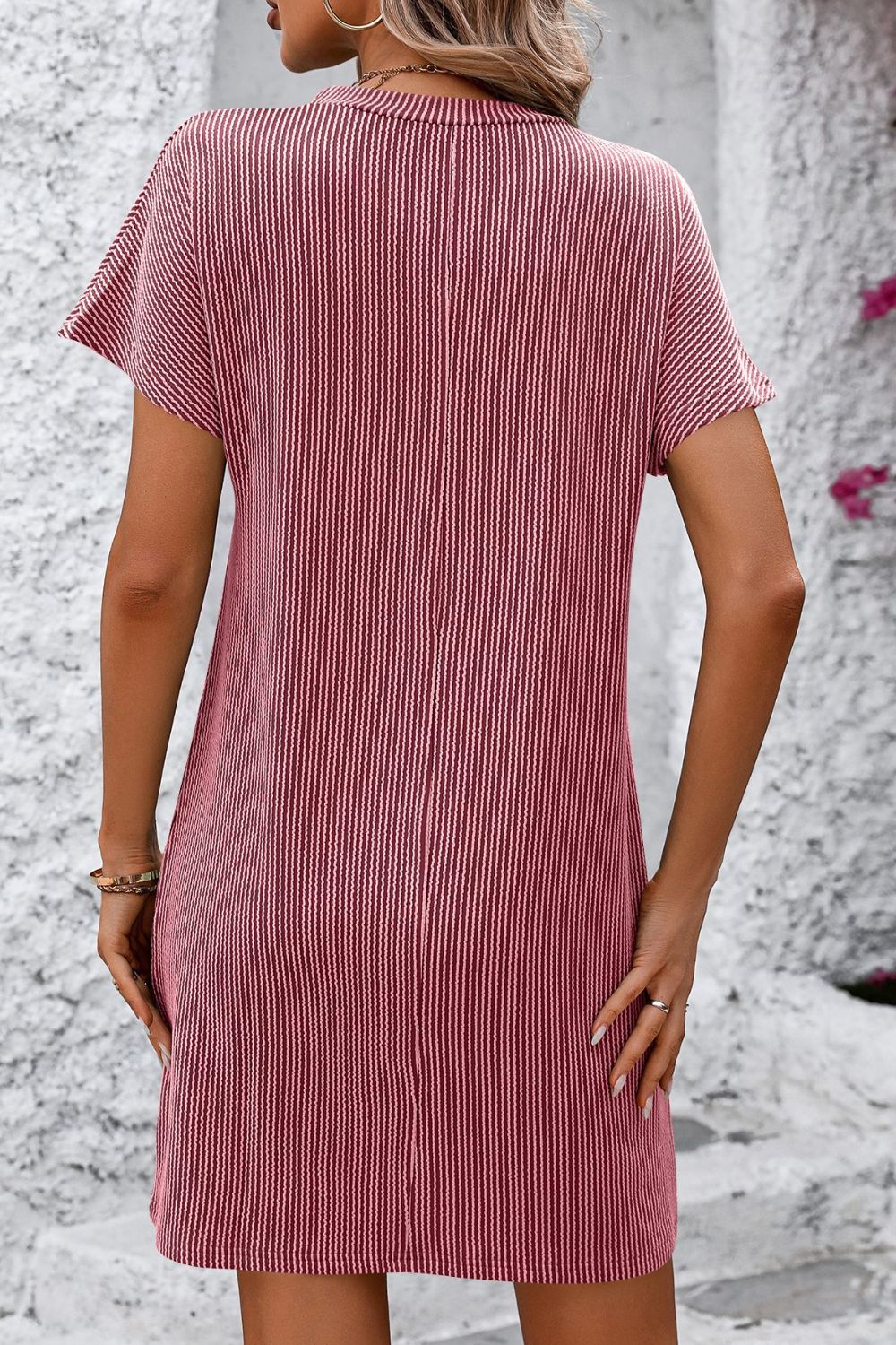 Blueberi B Women’s Mandy Ribbed Striped Short Sleeve Mini Tee Dress Rayon Polyester Size S-2XL