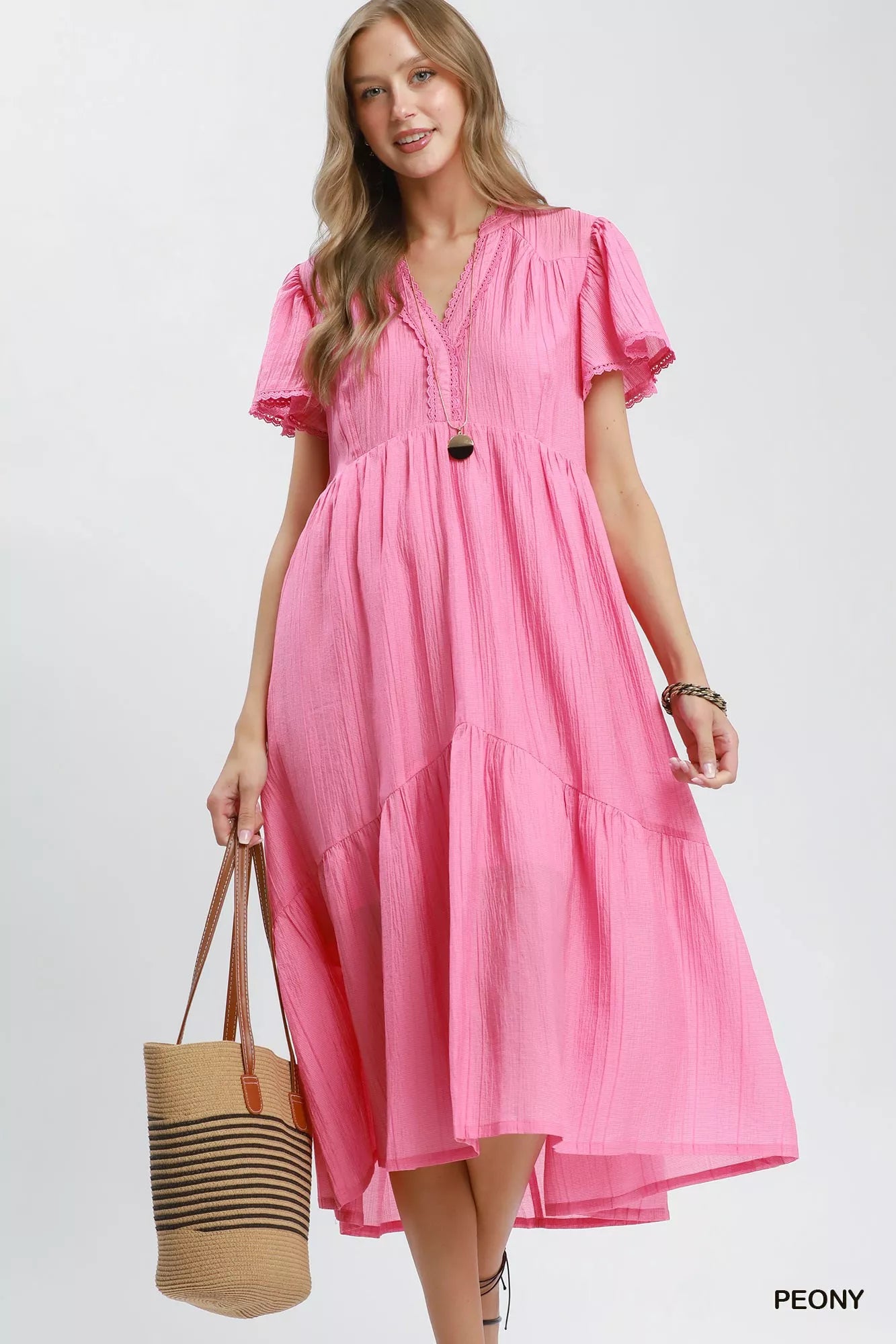 tiered midi dress with pockets Women's V Neck Ruffle Cap Sleeve Tiered Midi Dress, Casual Loose Flowy  Swing Pocket A Line Dress for Summer Daily Wear