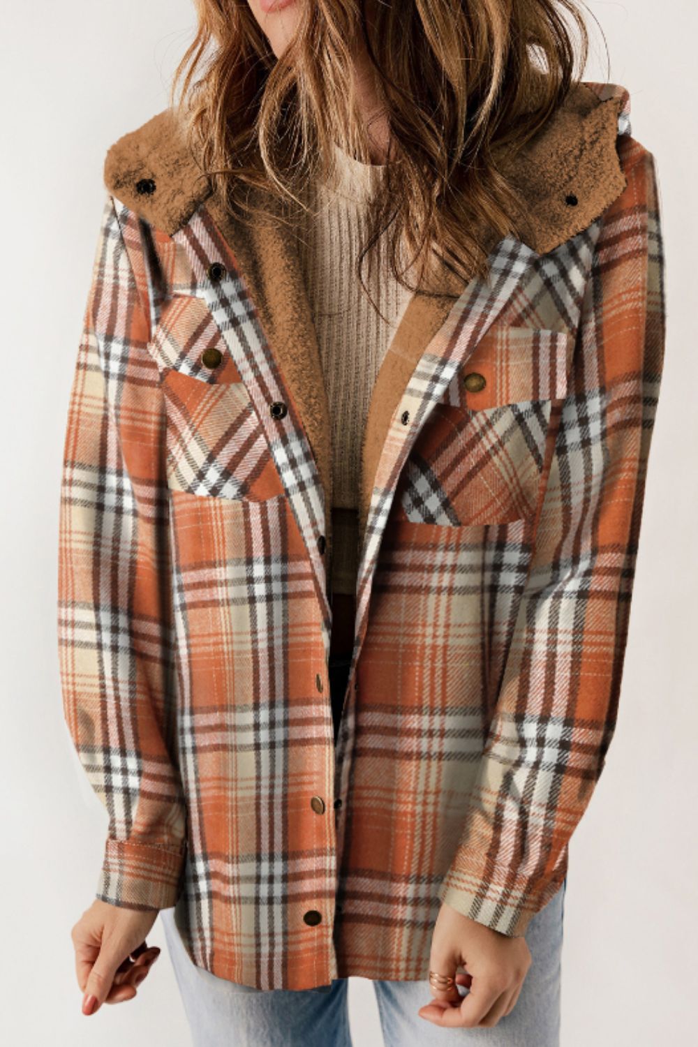 Blueberi B Women’s Plaid Button Up Long Sleeve Hooded Jacket Polyester Size S-2XL