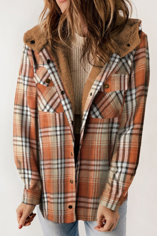 Blueberi B Women’s Plaid Button Up Long Sleeve Hooded Jacket Polyester  Size S-2XL