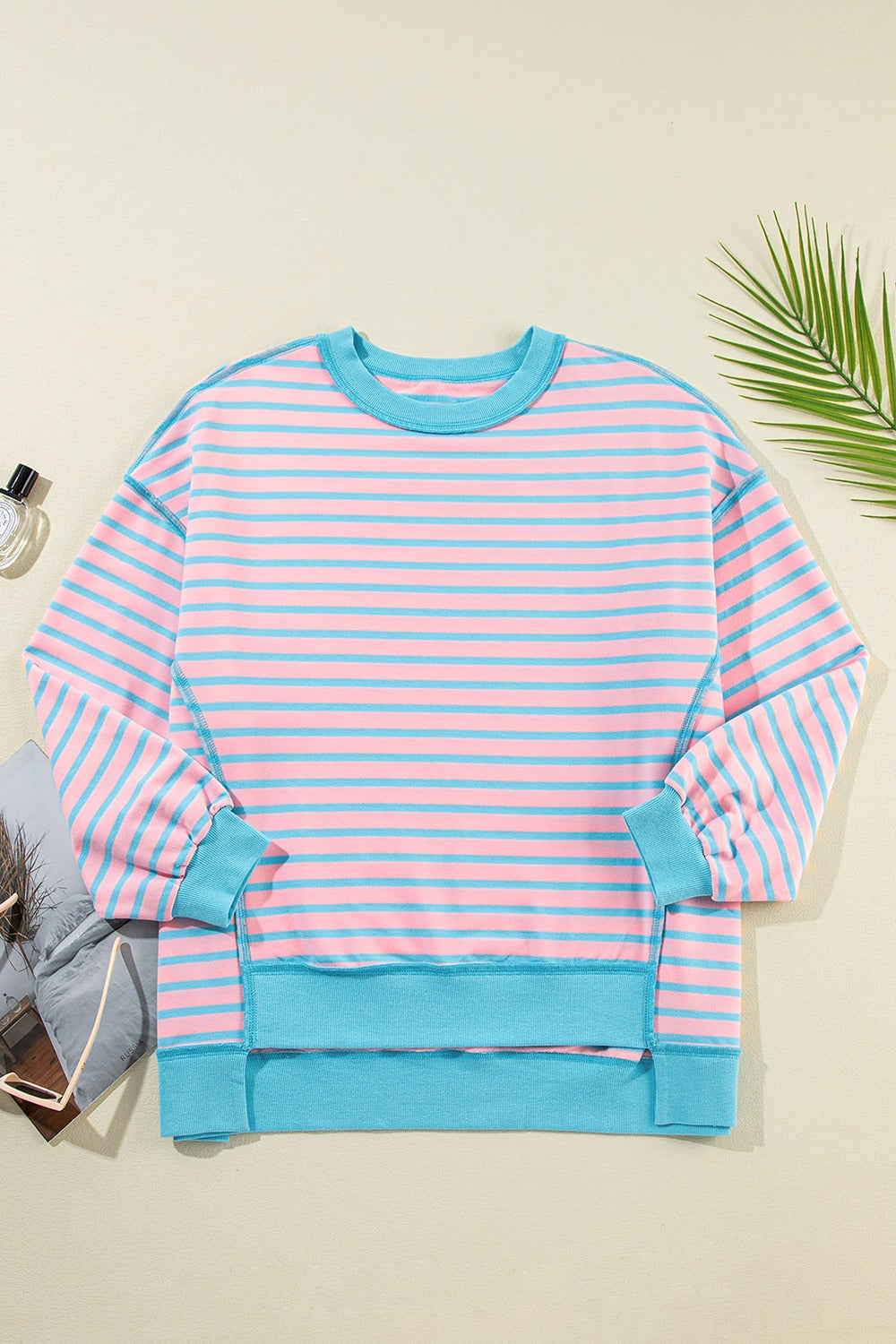 Blueberi B Women’s High-Low Striped Long Sleeve Sweatshirt Polyester Cotton Elastane Size S-XL