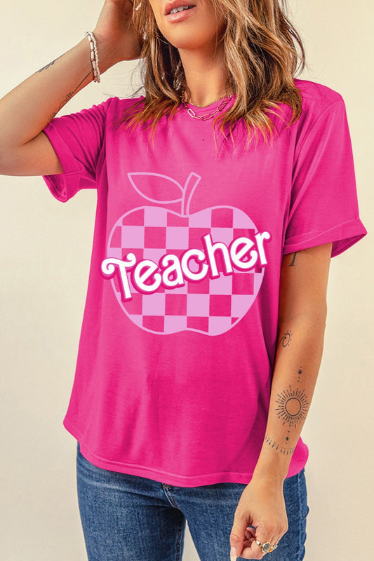Blueberi B  Women's Graphic Teacher Round Neck Short Sleeve T-Shirt Polyester Cotton Elastane Size S-2XL