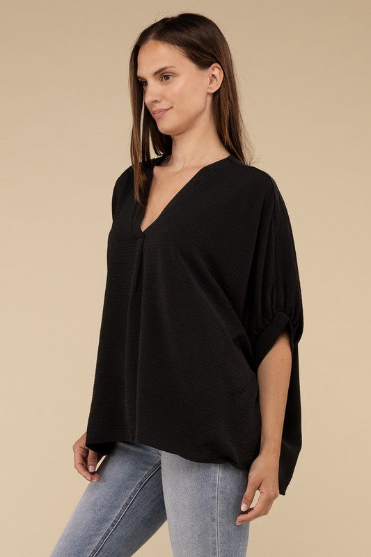 Zenana Women's Clothing Woven Airflow V-Neck Puff Half Sleeve Top Polyester S/M L/XL