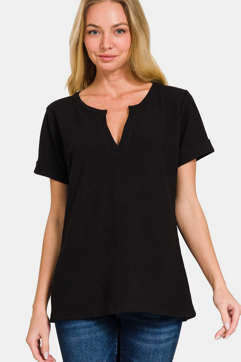 Zenana Women’s Notched Short Sleeve Waffle T-Shirt Polyester Cotton Spandex Size S-L