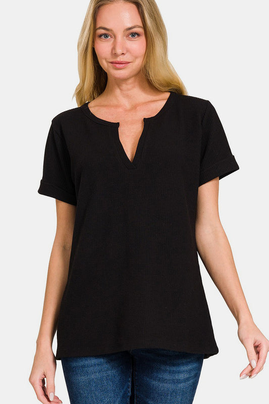 Zenana Women’s Notched Short Sleeve Waffle T-Shirt Polyester Cotton Spandex Size S-L
