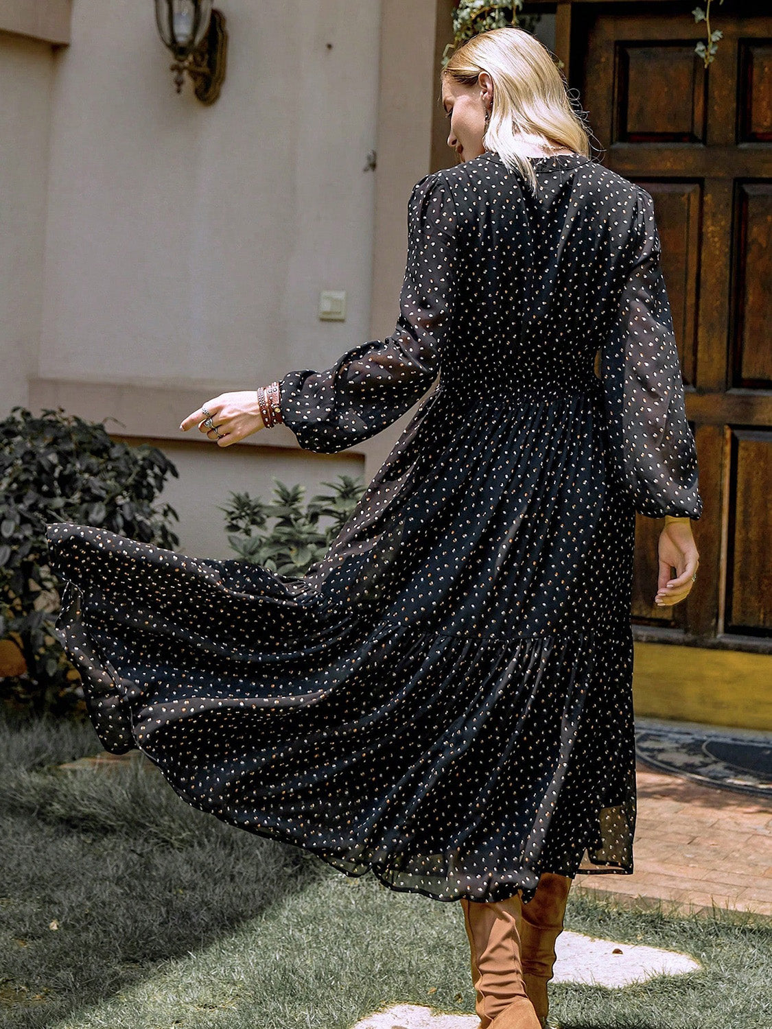 Blueberi B Women’s Embroidered Polka Dot Tie Neck Long Sleeve Midi Dress Polyester Size S-2XL