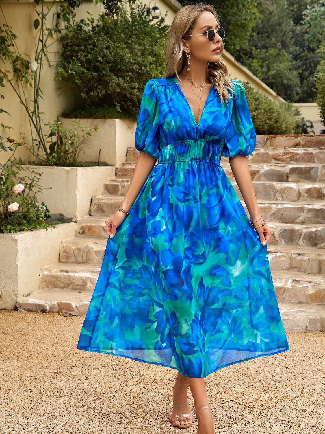 Blueberi B Women's Smocked Printed V-Neck Half Sleeve Midi Dress Polyester Size S-XL