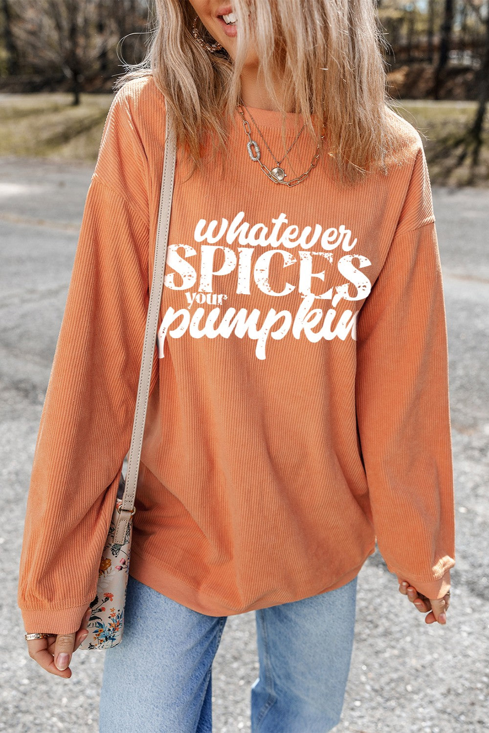 Blueberi B Women's Letter Graphic Round Neck Long Sleeve Oversize Sweatshirt Polyester Size S-2XL