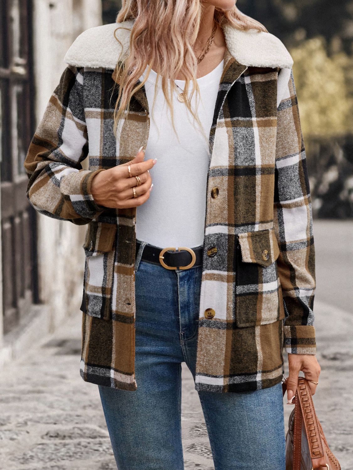 Perfee Women’s Pocketed Plaid Button Up Collared Neck Jacket Cotton Polyester Size S-XL