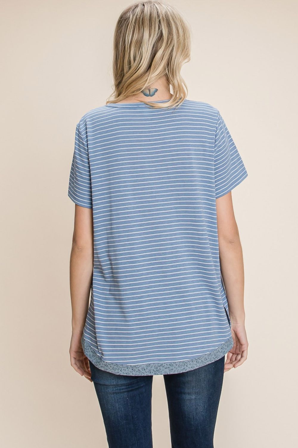 Blueberi B Women's Cotton Bleu by Nu Lab Slit Striped Notched Short Sleeve T-Shirt Cotton Size S-XL
