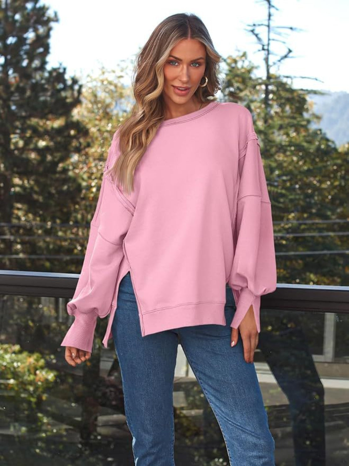 Blueberi B Women's  Slit Round Neck Long Sleeve Sweatshirt Rayon Polyester Size S-2XL