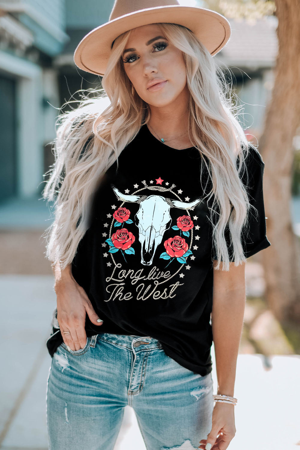 Blueberi B Women's Graphic Long Live the West Round Neck Short Sleeve T-Shirt Polyester Cotton Elastane Size S-2XL