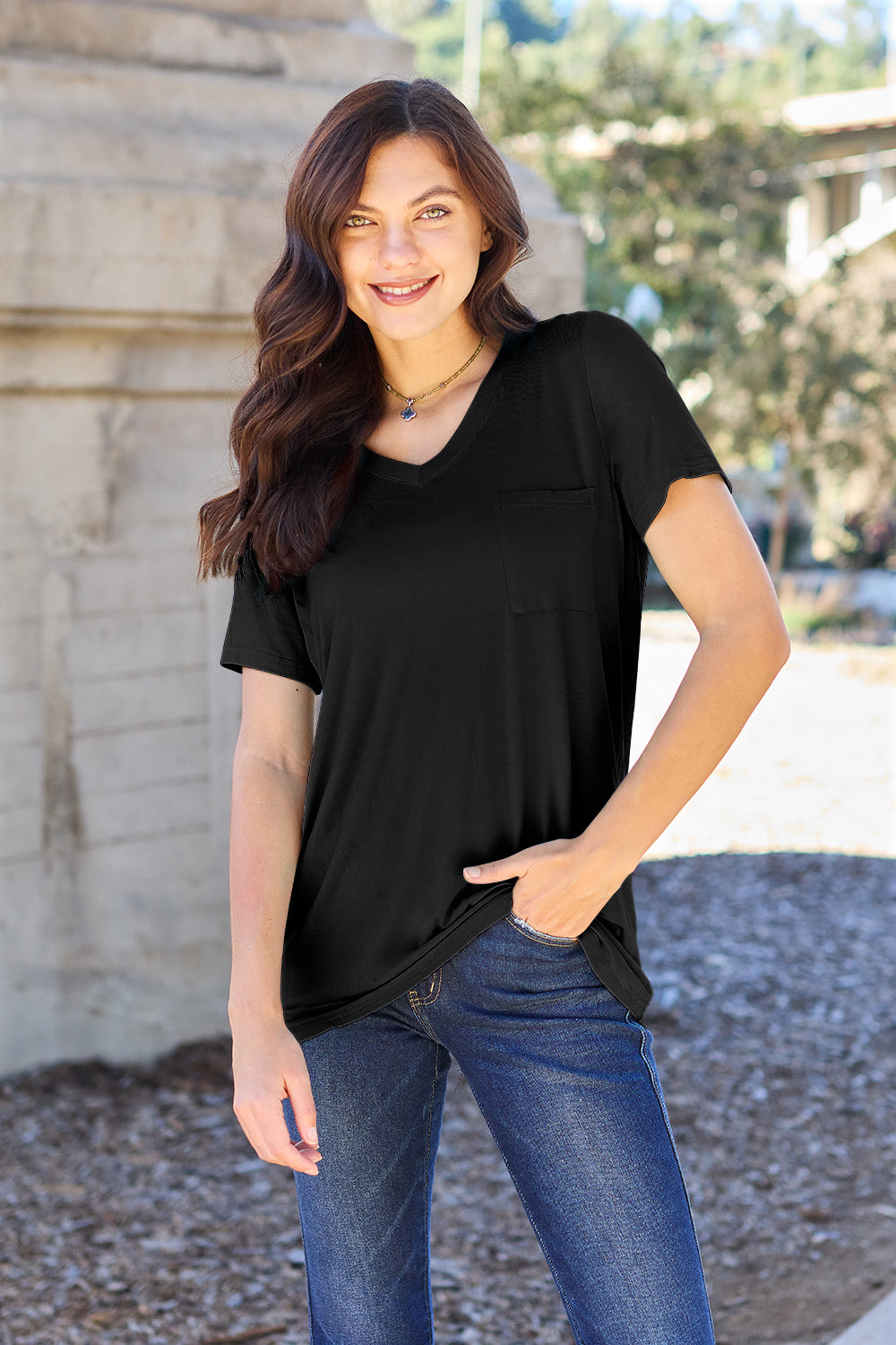 Basic Bae Women’s Bamboo Full Size V-Neck Short Sleeve T-Shirt Bamboo Spandex Size S-3XL