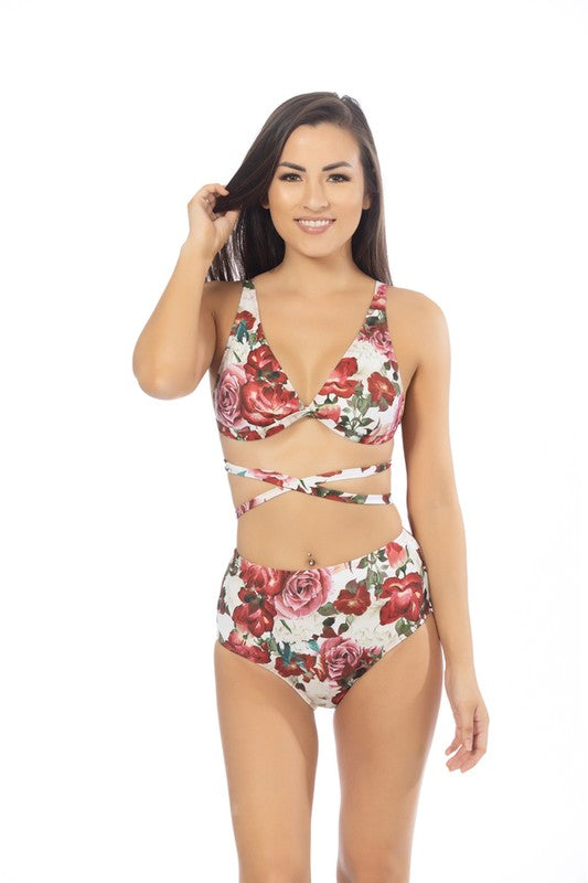 Women's Bralette Bikini Set, Floral Print, Wrap Around Swimsuit Nylon Spandex Size S-L