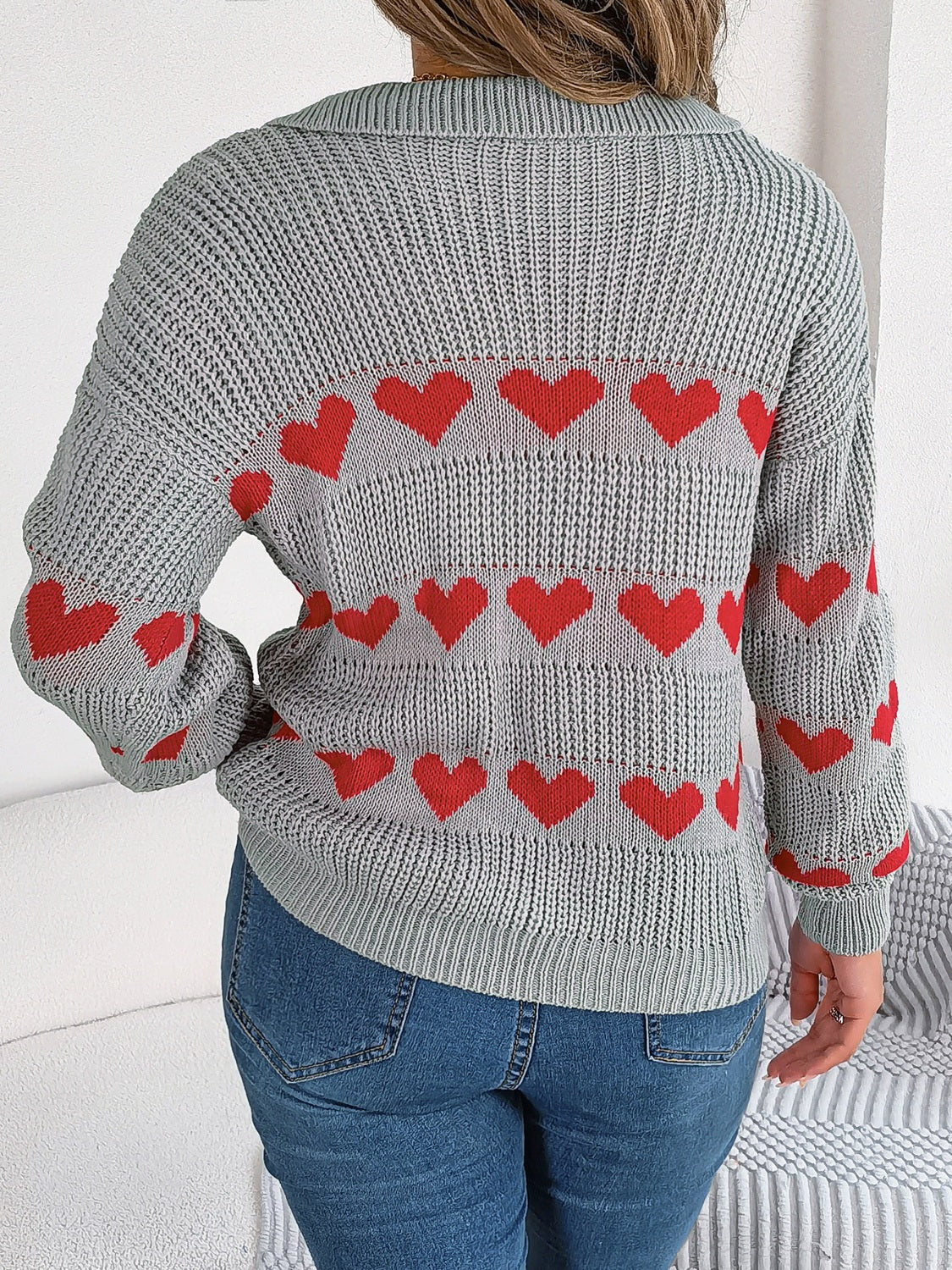 Blueberi B Women’s Heart Johnny Collar Long Sleeve Sweater Acrylic Size S-L