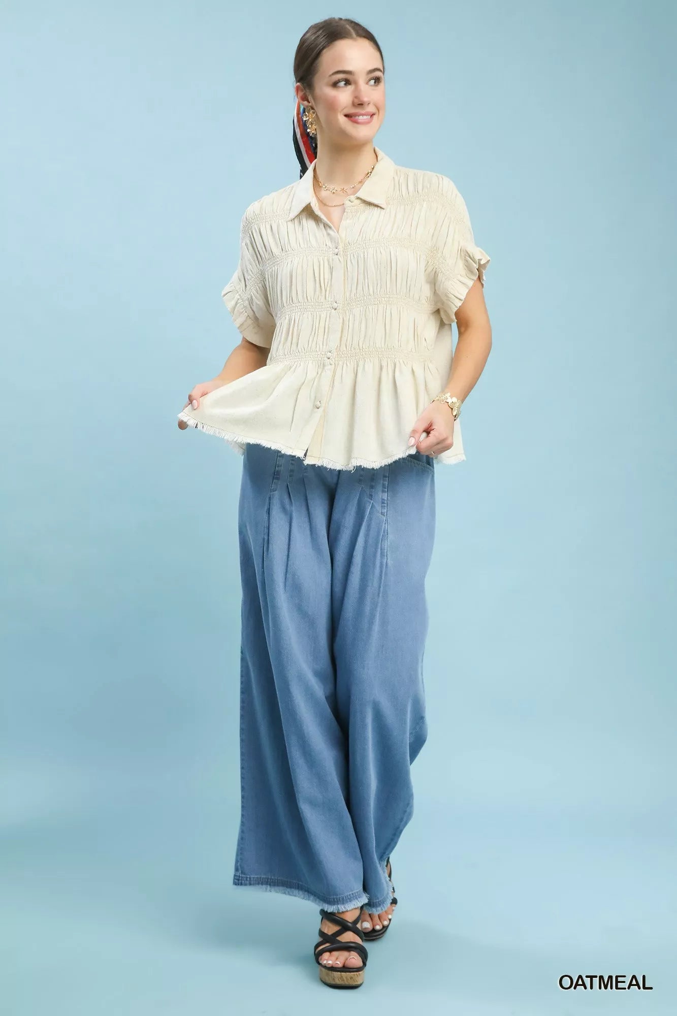 Umgee oatmeal washed linen blend smocked shirt with ruffled sleeves, frayed hem; Blueberi Boutique trendy top