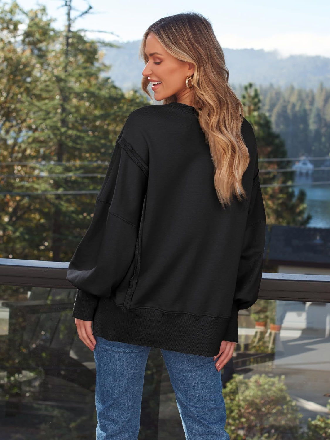 Blueberi B Women's  Slit Round Neck Long Sleeve Sweatshirt Rayon Polyester Size S-2XL