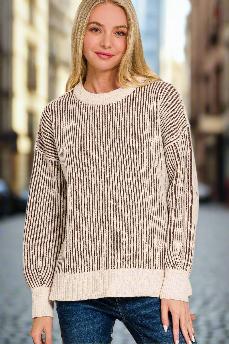 Zenana Women’s Two Tone Crewneck Long Sleeve Sweater Polyester Size S/M L/XL