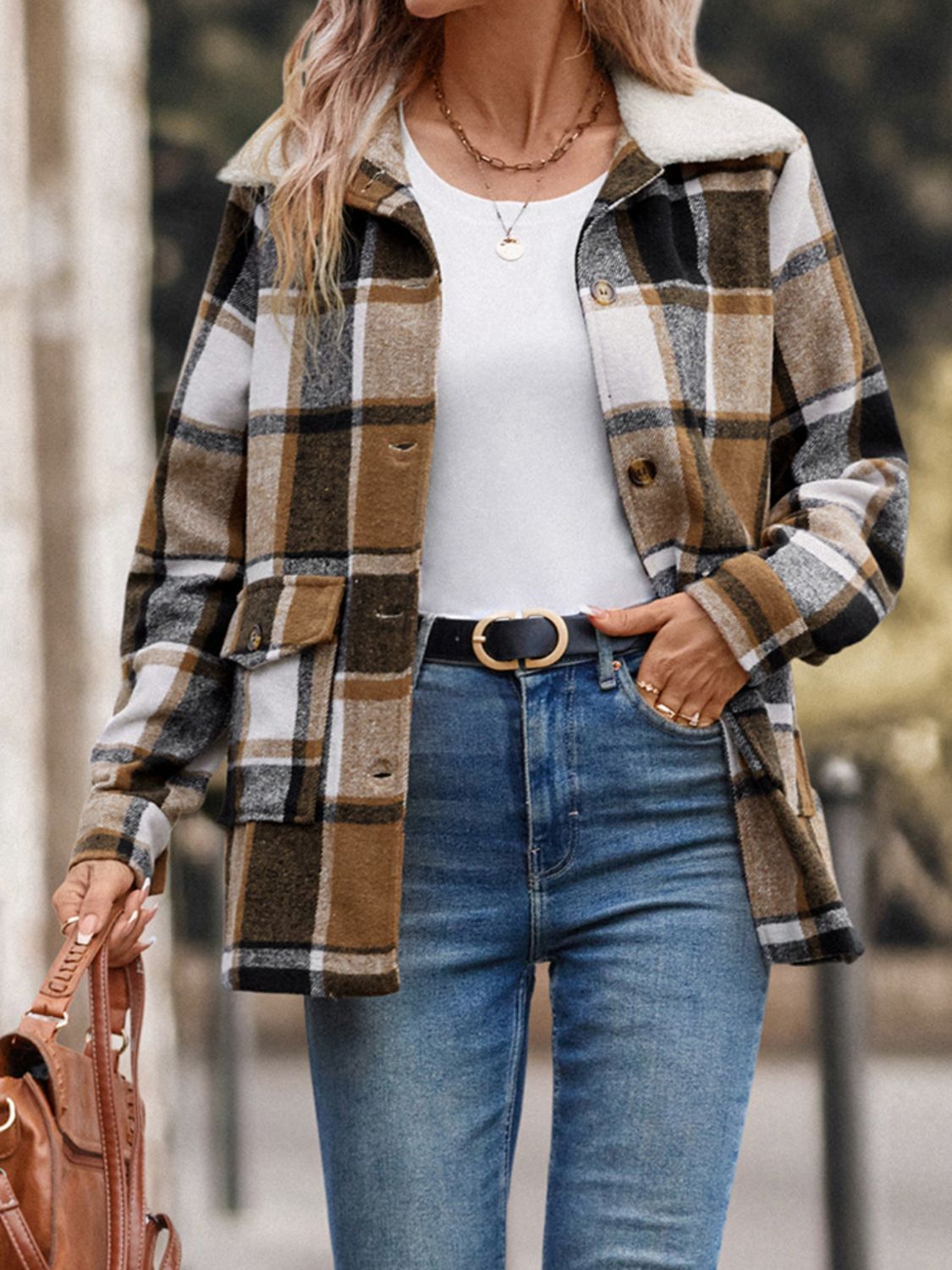 Perfee Women’s Pocketed Plaid Button Up Collared Neck Jacket Cotton Polyester Size S-XL