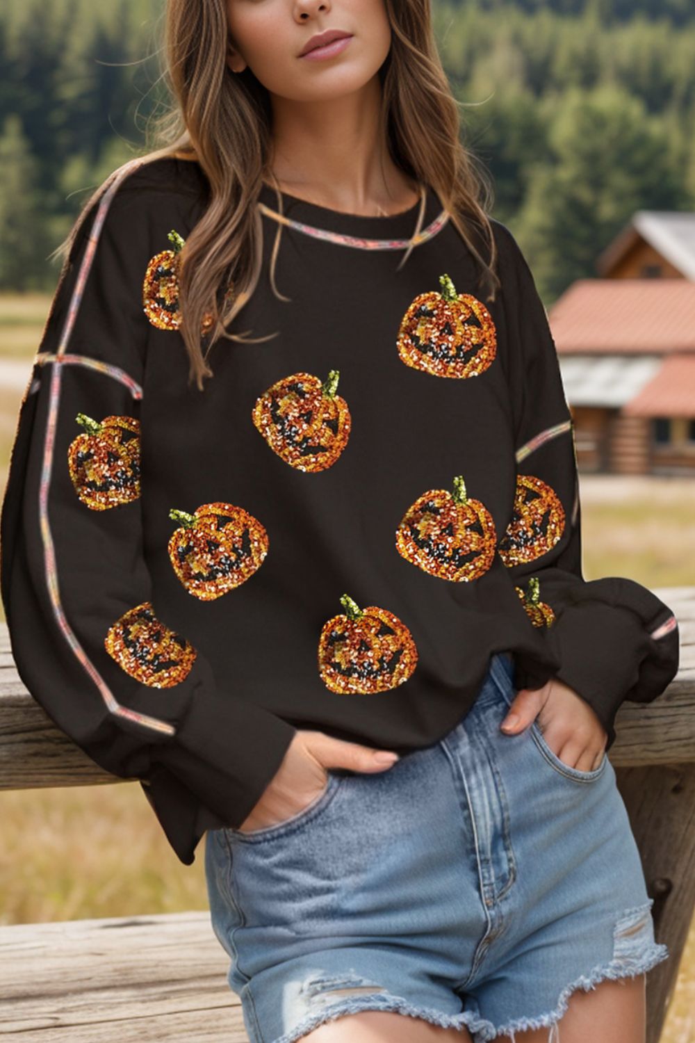 Blueberi B Women’s Sequin Pumpkin Round Neck Long Sleeve Sweatshirt Polyester Cotton Size S-2XL