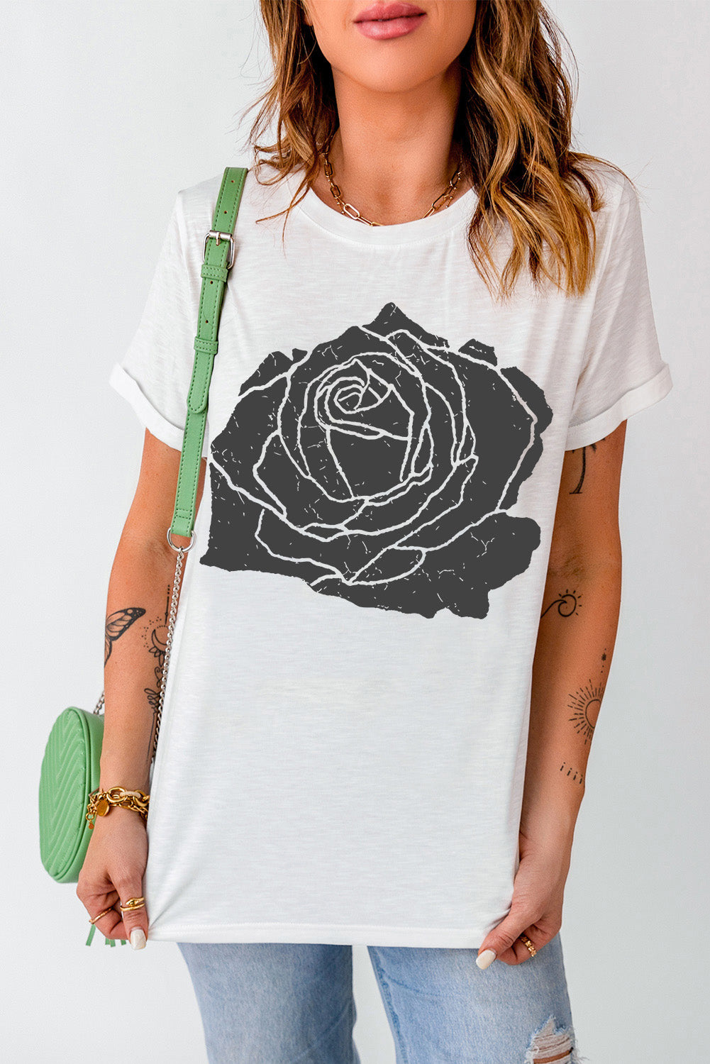 Blueberi B Women’s Rose Graphic Round Neck Short Sleeve T-Shirt Polyester Cotton Elastane Size S-2XL