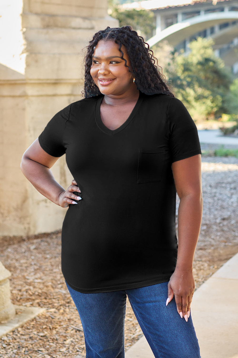 Basic Bae Women’s Bamboo Full Size V-Neck Short Sleeve T-Shirt Bamboo Spandex Size S-3XL