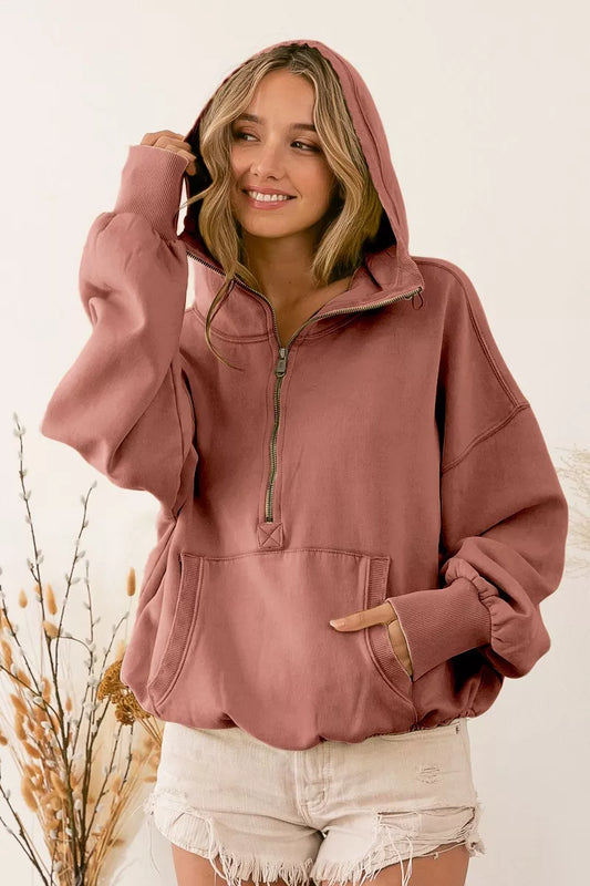BiBi Stitch Detailed Elastic Hem Half Zip Fleece Hoodie Polyester Spandex Sizes S-XL