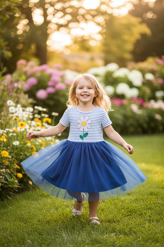 Children's Striped Sequin Flower Tulle Dress