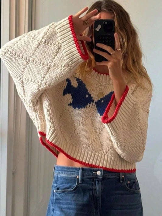 Blueberi B Fish Contrast Trim Round Neck Sweater Acrylic Spandex Size S-L