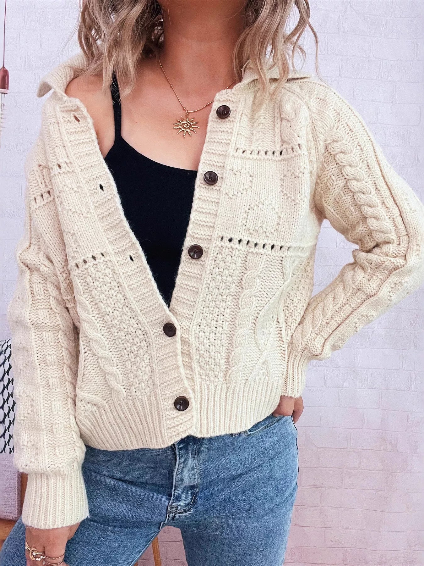 Blueberi B Openwork Cable Knit Button-Up Cardigan Acrylic Spandex One Size
