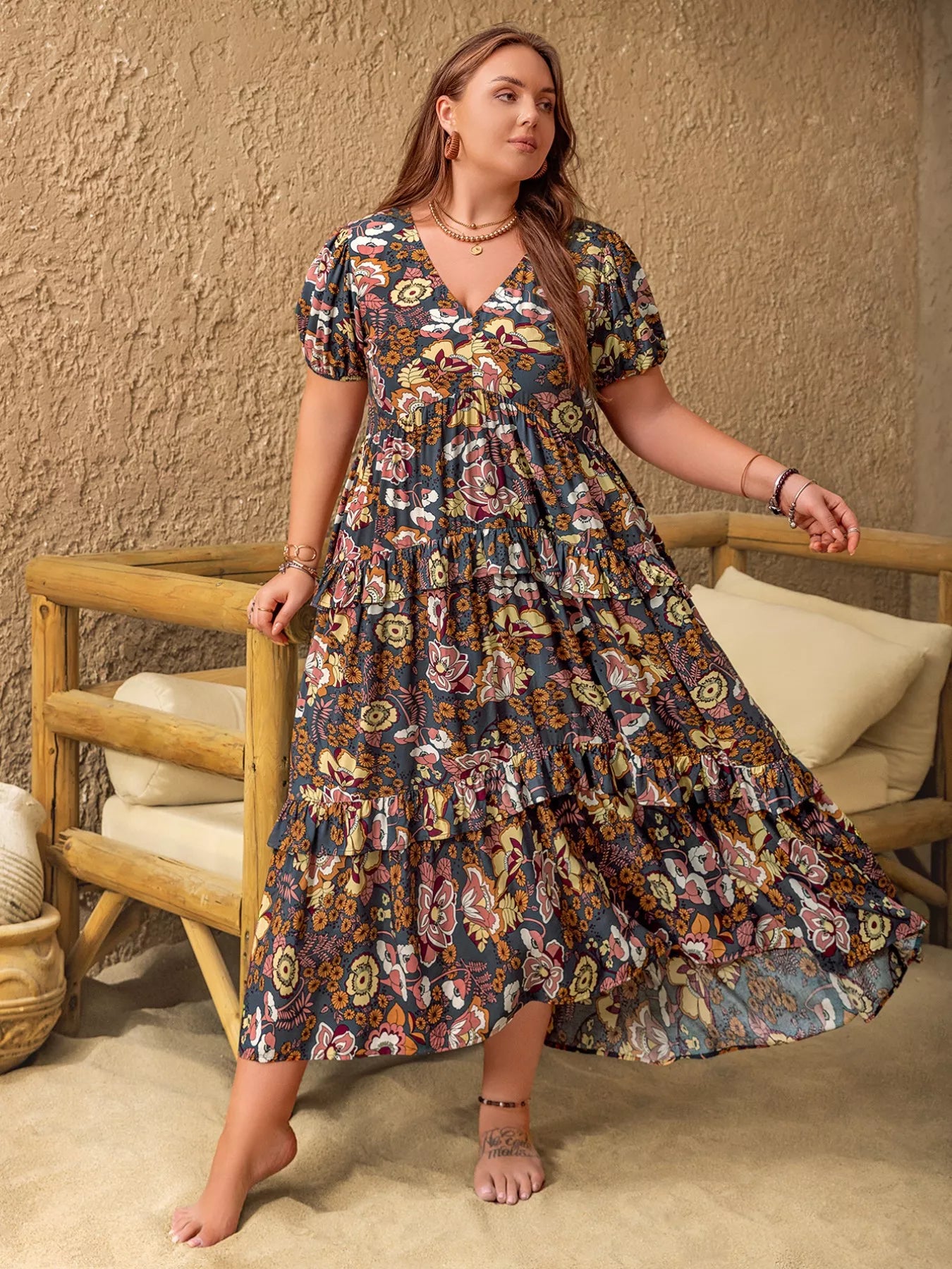 Blueberi B Plus Size V-Neck Short Sleeve Midi Dress Viscose Sizes 0XL-4XL