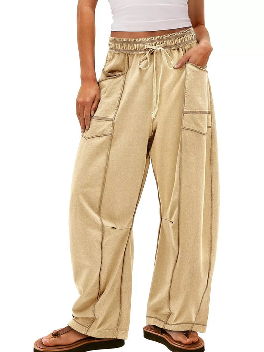 Blueberi B Women's Drawstring Wide Leg Pants Cotton Spandex Sizes S-XL
