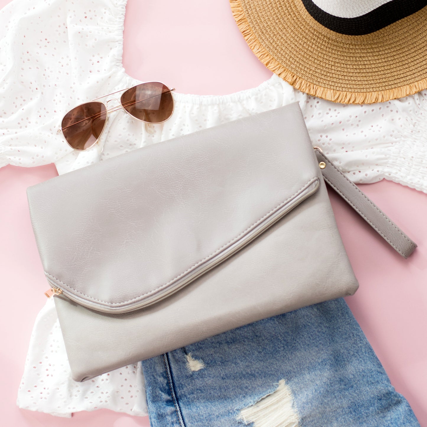 Soft Vegan PU Leather 100% Polyester Lined Fold-Over Envelope Clutch with D-Ring & Wristlet | 12.75" x 9.25"