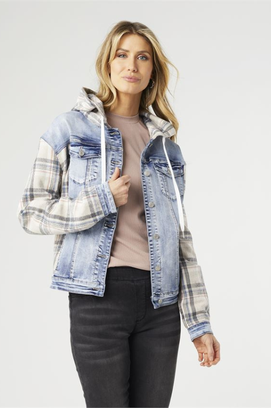Coco + Carmen OMG Women’s Oversized Denim Jacket With Flannel Sleeves Polyester Cotton Spandex Size S/M L/XL XXL