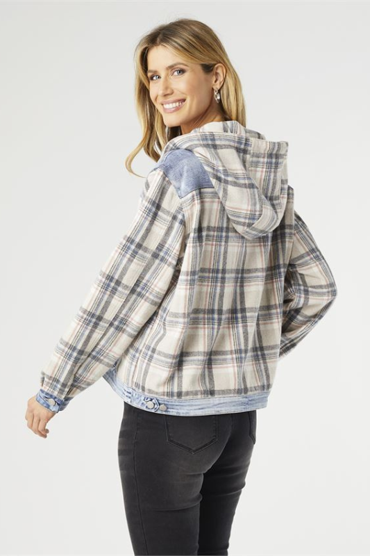 Coco + Carmen OMG Women’s Oversized Denim Jacket With Flannel Sleeves Polyester Cotton Spandex Size S/M L/XL XXL