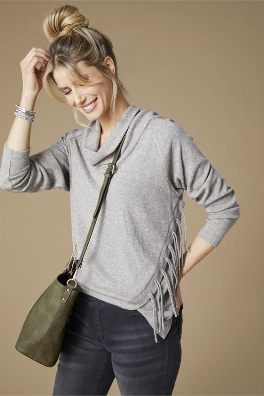 Coco + Carmen Women’s Ivy Long Sleeve Cowl Neck with Side Fringe Sweater Top Viscose Cotton Polyester Spandex Size S/M-XXL