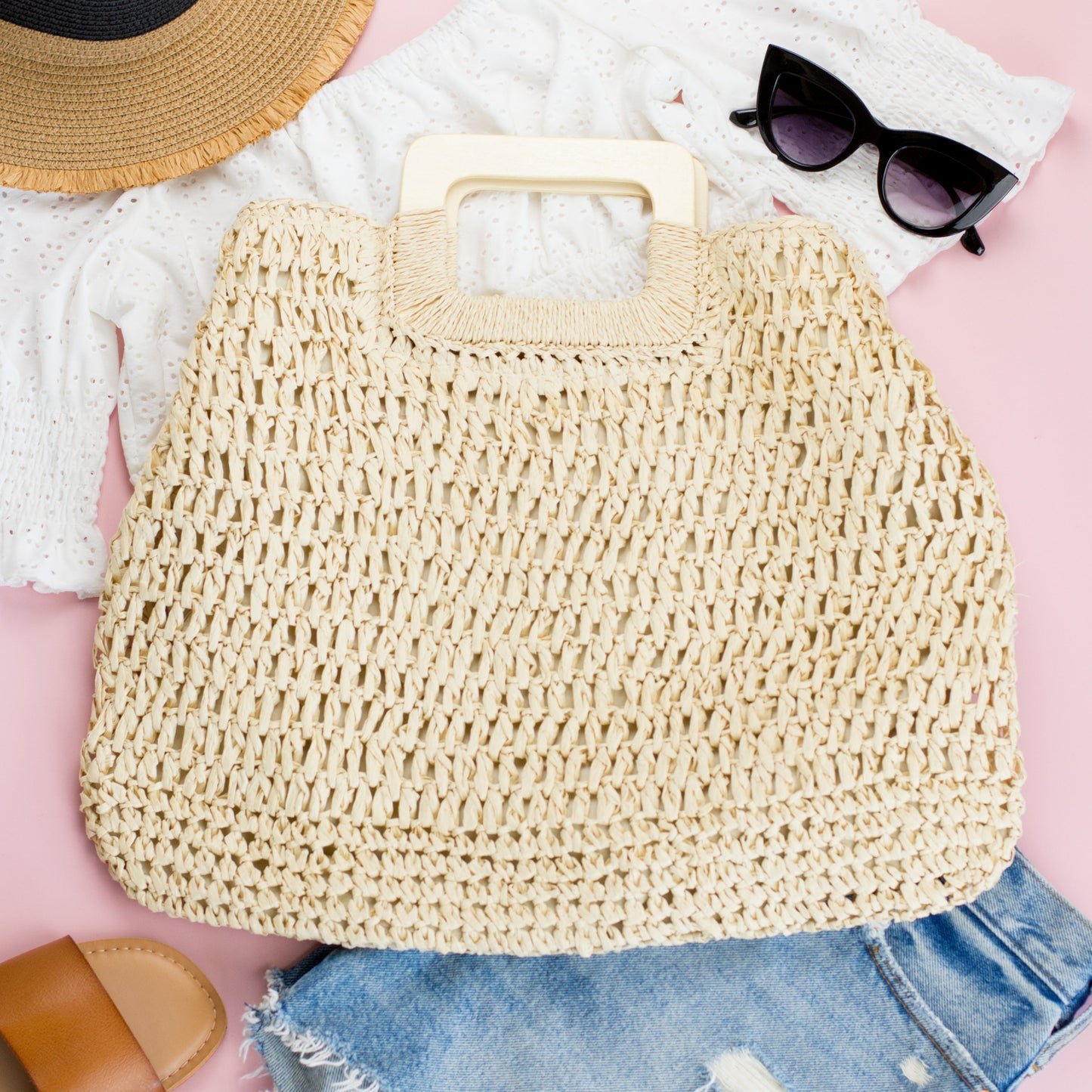 100% Straw Exterior Cotton Poly Lined Woven Oversized Tote Bag with Wood Handles | 17.5" x 15"