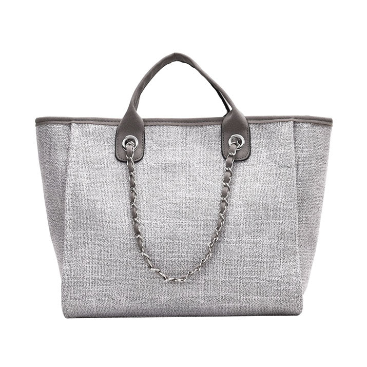 Aili's Corner Edith Tweed Canvas Tote Bag with Vegan Leather Handles & Removable Chain Shoulder Strap | Bisque, Black, Gray