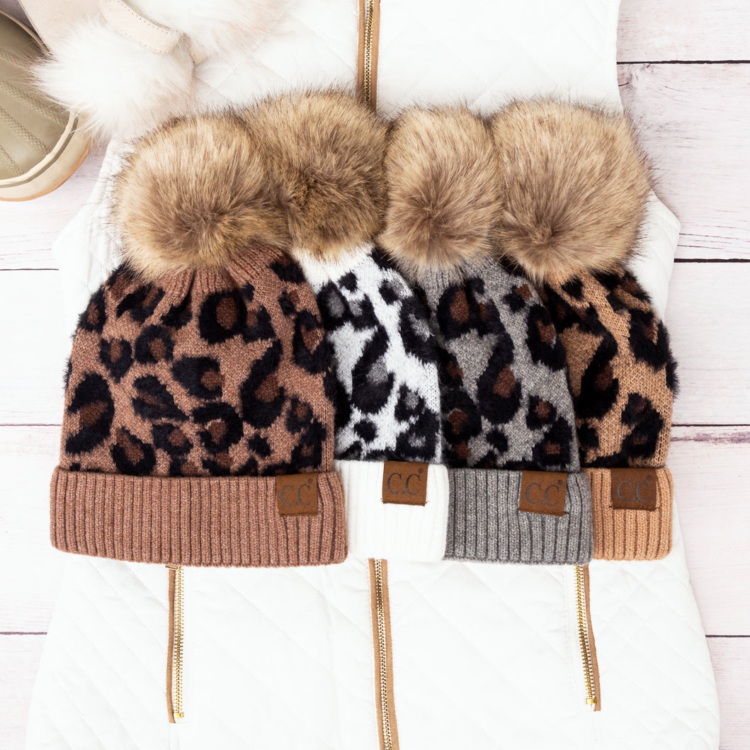 C.C® 100% Premium Acrylic Cashmere-Like Leopard Print Faux Fur Pom Beanie | One Size Teen–Adult