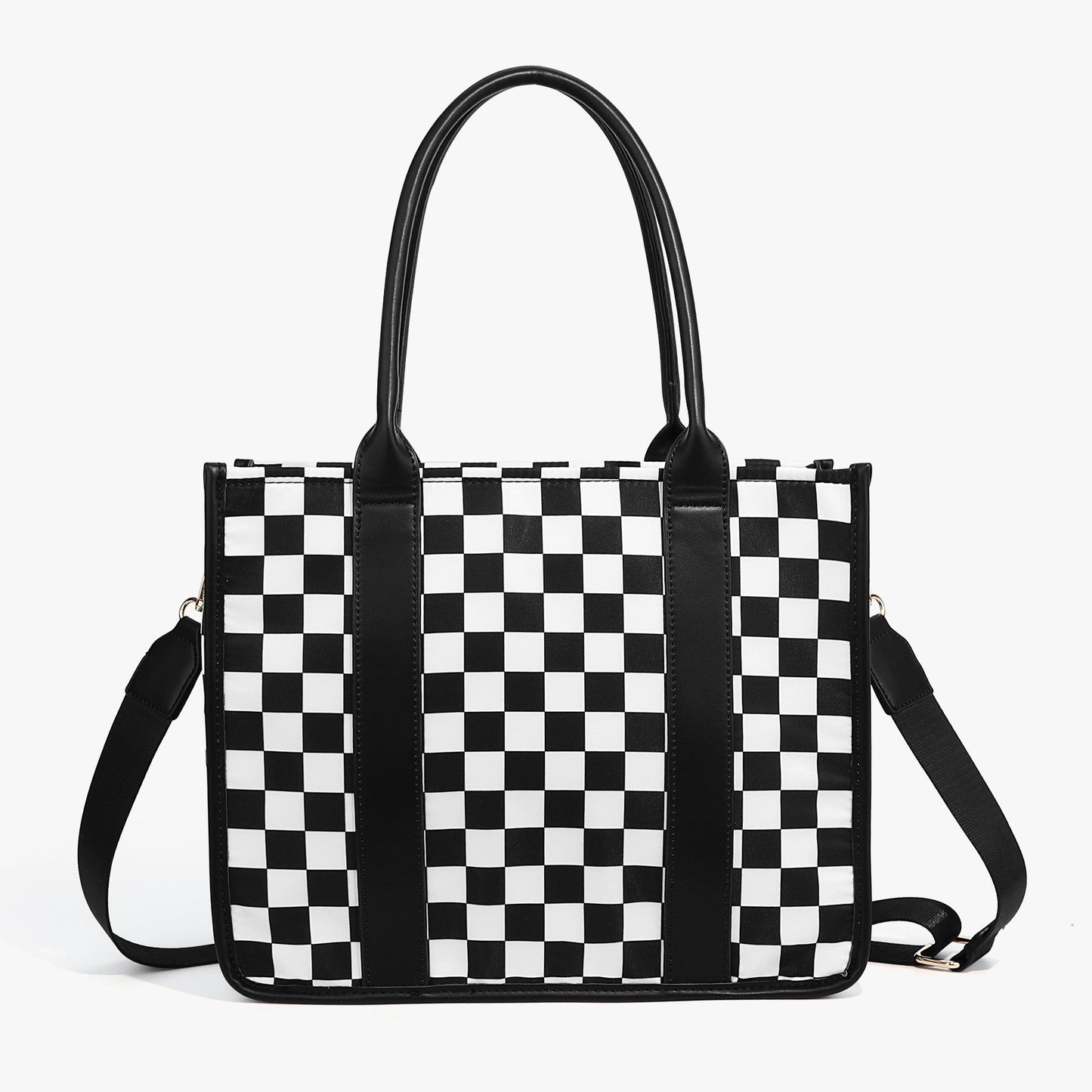 Aili's Corner Dallas Checkered Nylon Tote Bag with PU Leather Handles & Removable Crossbody Strap | Almond Check, Black/White Check
