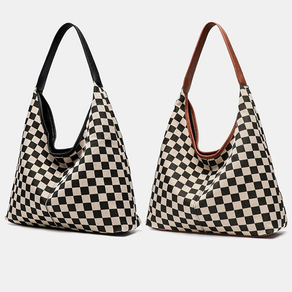 Celine Mixed Media Checkered Canvas & PU Leather Hobo Bag with Structured Bottom | Black Check, Cognac Check