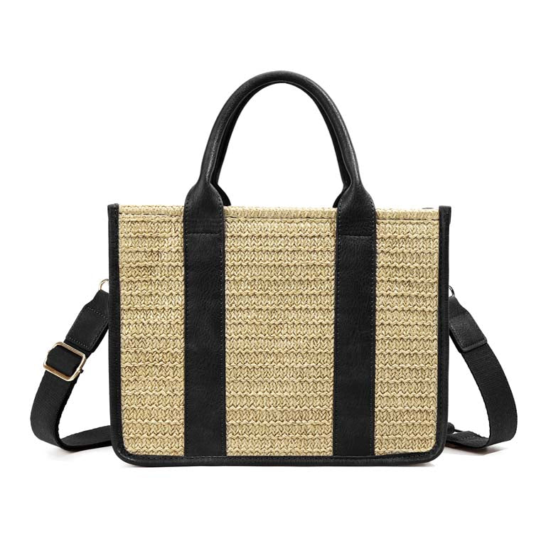 Mericela Mixed Media Woven Straw & Vegan Leather Tote Bag
